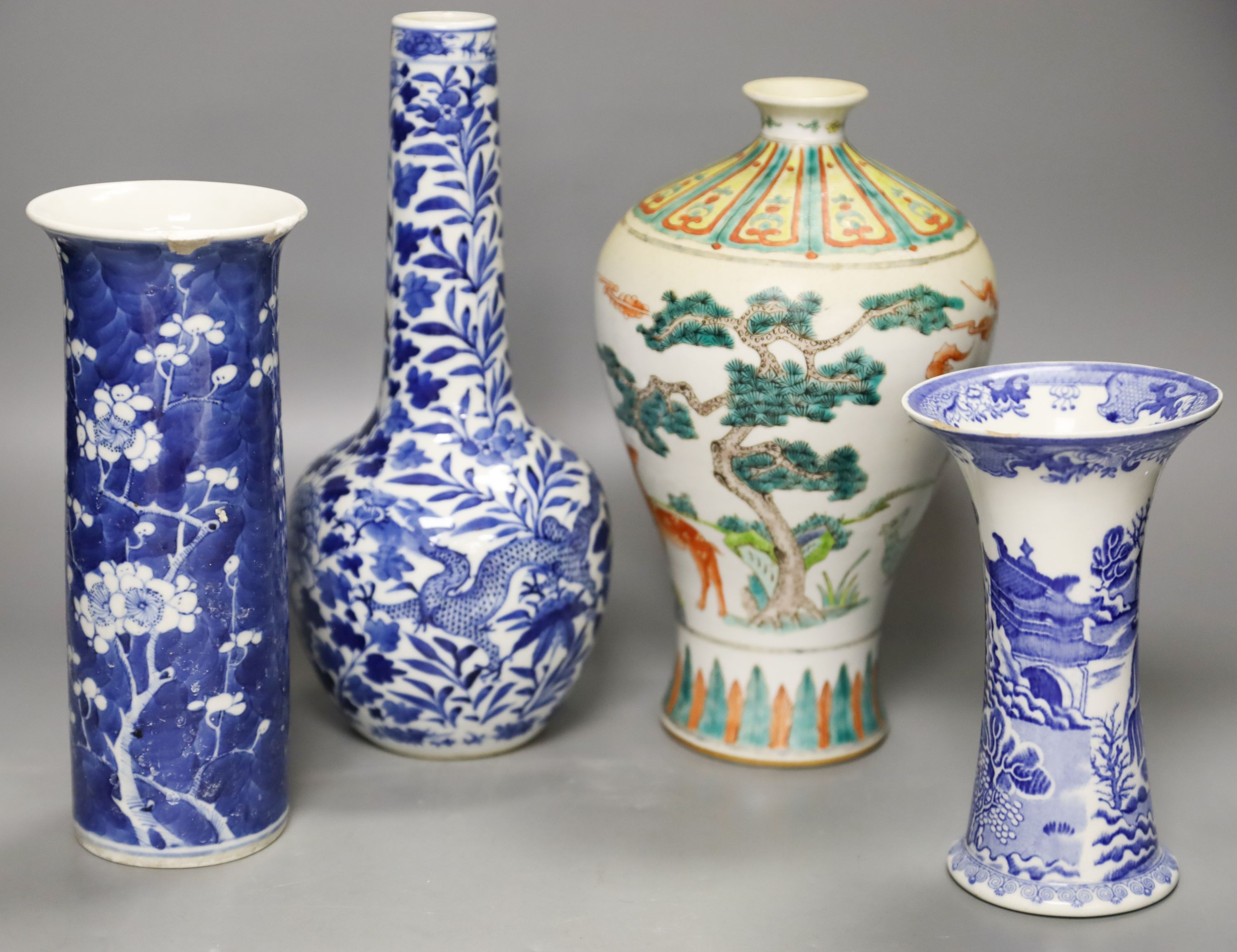 A Chinese famille verte meiping, two Chinese blue and white vases (both damaged) and a Masons vase, 19th/20th century Tallest 26cm